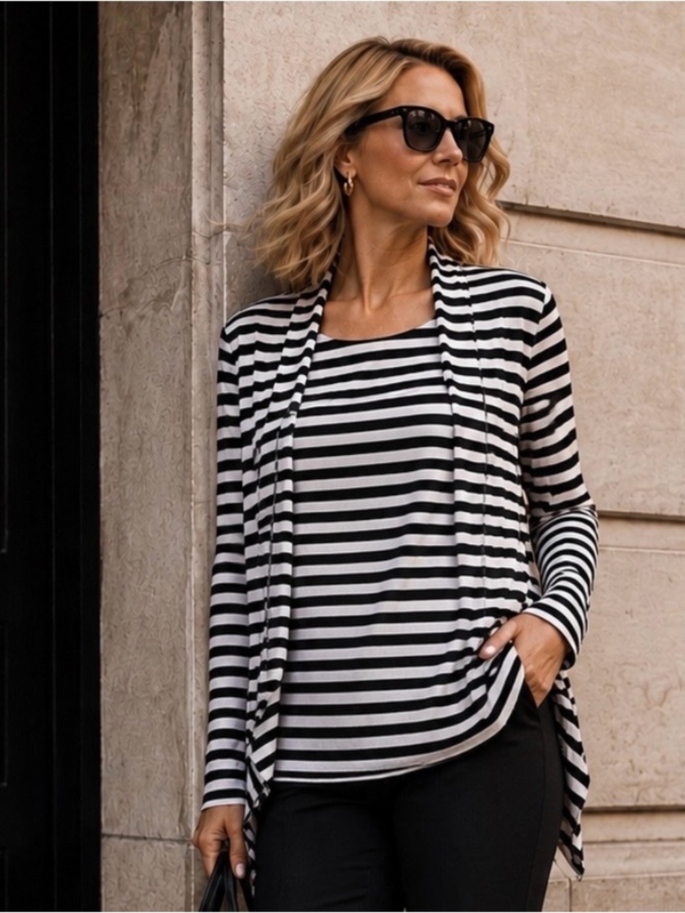 JOSEPH RIBKOFF $235 Wrinkle Resistant B/W Stripe Twin Set Cardigan Tank Sz 10